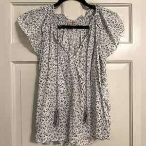 Sundays Black and White Flutter Sleeve Peasant Top